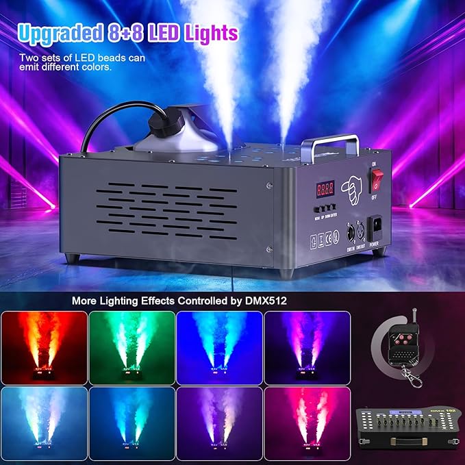 2000W Professional Fog Machine Dual Nozzle with 16 RGB LED, DMX Control Adjustable Smoke Direction, 2.5L Tank LCD Display 30000CFM for Halloween Christmas Stage DJ Party Club Events-4PC