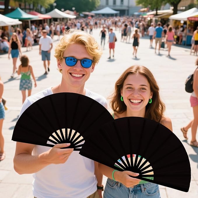 13inch Large Rave Fan Popping Clacking Fans for Line Dancing,Hand Fans for Women Foldable,Boots on The Ground Fan,Portable for Outdoor,Wedding,Party,Decoration (2pcs Black)