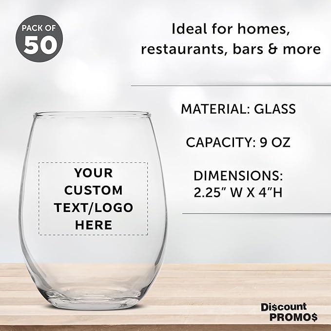 Custom Stemless Wine Glass 9 oz. Set of 50, Personalized Bulk Pack - Great for Wedding Favors, Bachelorette Party Decorations, Party Favors, Color Bottom - Clear