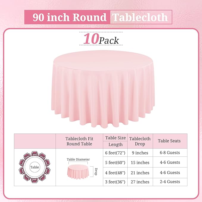 10 Pack Pink Round Tablecloths - 90 Inch, Polyester Table Cover, Stain and Wrinkle Resistant Washable Fabric, Perfect for Wedding Banquet Parties