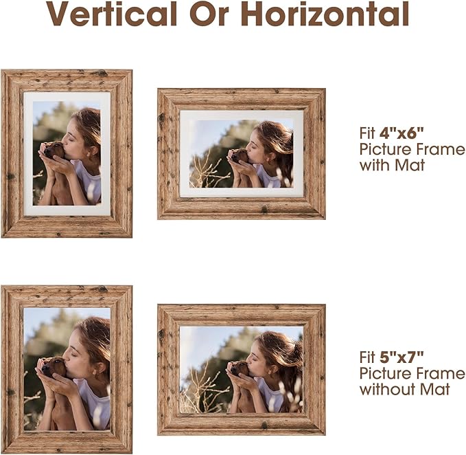 TWING 5x7 Picture Frames Set of 6, Rustic Picture Frame 4x6 with Mat or 5X7 Without Mat, Tabletop Display Wall Mounting Collage Photo Frames Brown Walnut Wood Pattern