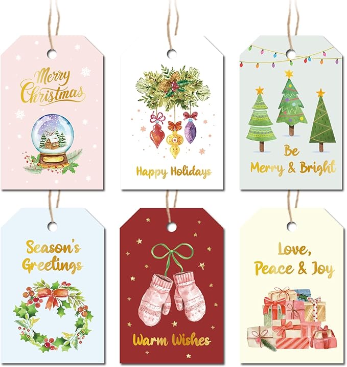 48 Pcs Christmas Gift Tags, Watercolor Christmas Hanging Tags Label Gold Foil with Hemp Rope Xmas Present Tag for DIY Xmas Holiday Present Wrapping Decorations, 6 Styles