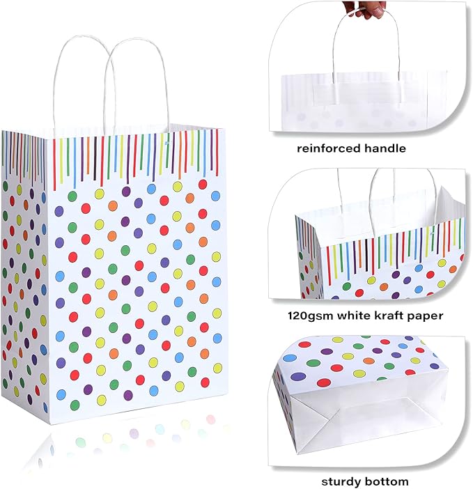 Bekoetoz 40 PCS White Kraft Paper Bags With Handles 8.3 * 5.9 * 3.1 Inch Bulk Gift Bags For Birthdays,Weddings,Baby Showers,Party Favor,Goodie Bags(Small,Dots)