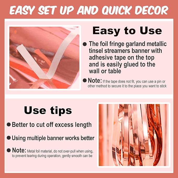 6 Pack 10 Ft Rose Gold Foil Fringe Garland Metallic Streamers Tinsel Banner Wall Hanging Garland Backdrop for Parade Floats, Halloween, Christmas, Thanksgiving, New Year Party Decorations