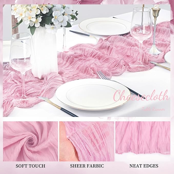 Light Pink Cheesecloth Table Runner 6 Pack 10FT Rustic Gauze Fabric Cheese Cloth Table Runner for Wedding 20 x 120 Inch Long Bridal Baby Shower Table Decorations Boho Sheer Birthday Party Table Decor