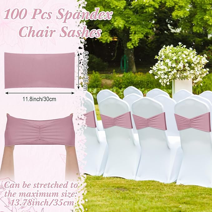 Moukeren 100 Pcs Spandex Chair Sashes Bows Bands Slider Sashes for Chair Covers Elastic Bands Ties Ribbon Decorations for Wedding Party Events Ceremony Birthday Banquet(Dusty Pink)