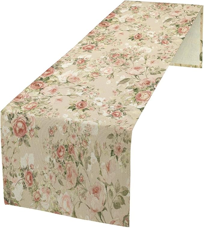 Lovely Rose Table Runner, Red and White Vintage Rose Delicate Floral Natural Pattern Long Table Restaurant Kitchen Holiday Party Decoration,13in（33cm） W * 36in（92cm） L