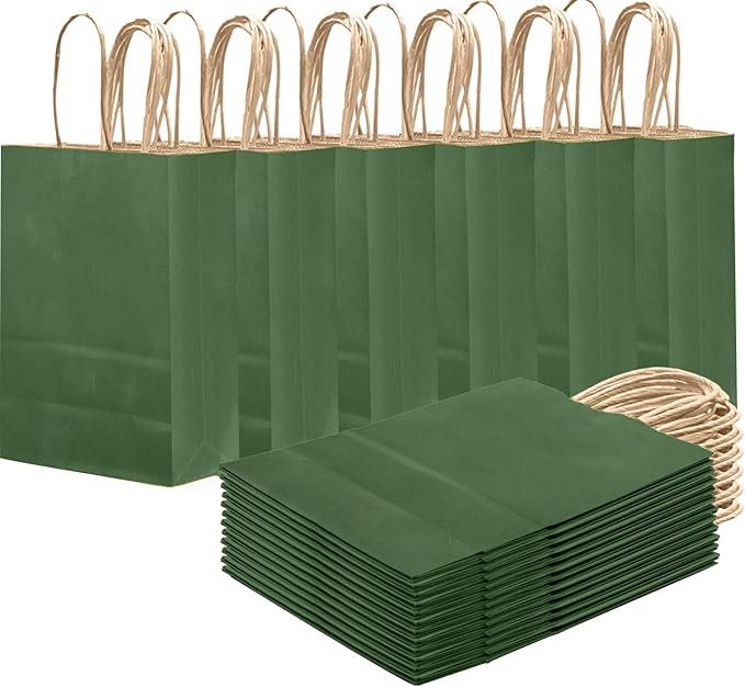 qiqee Dark Olive Green Gift Bag with Handles Bulk 24Pcs Paper Bags -8.3"x6"x3. 15" Party Favor Bags - Solid Color