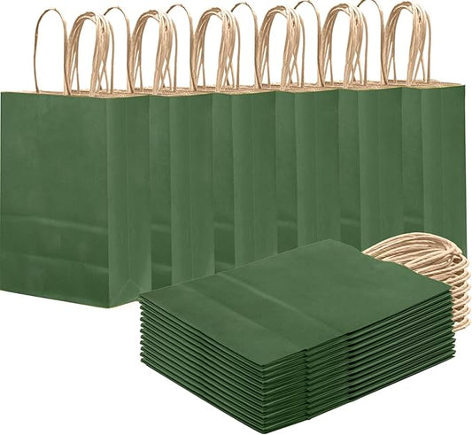 qiqee Dark Olive Green Gift Bag with Handles Bulk 24Pcs Paper Bags -8.3"x6"x3. 15" Party Favor Bags - Solid Color