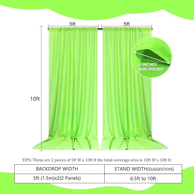 2 Panels Green Backdrop Curtain, 10 x 10 Feet Satin Background Curtains for Parties, Weddings, Baby Showers, Halloween, Christmas Birthday Party Photoshoot Backdrop Curtains Decorations