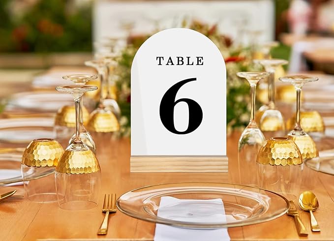 Wedding Table Numbers 1-25, Acrylic Arch Signs with Natural Wood Stands Holders, Rustic Table Decor for Reception & Parties (White Black)