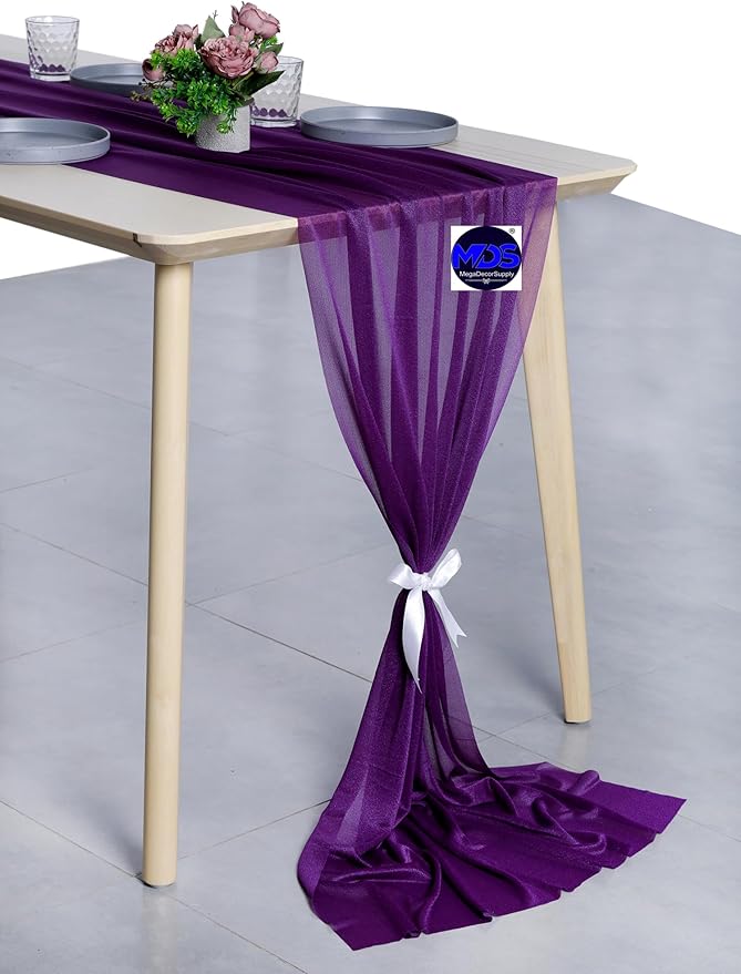 MDS 25 Pack 10ft Chiffon Table Runner 29 x 120 Inches Sheer Wedding Runner Romantic Rustic Table Runner for Wedding Decorations, Birthday Parties, Bridal Shower Party Arch Decor - Cadbury Purple