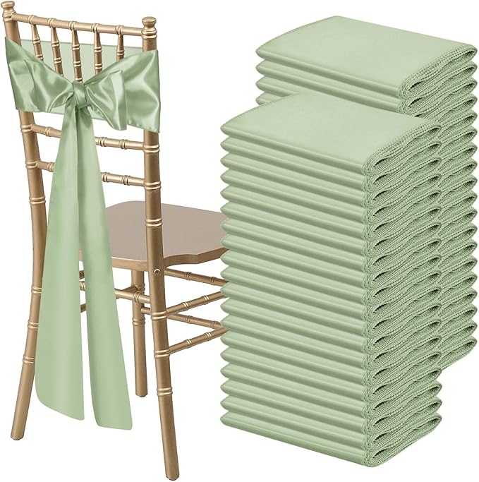 Satin Chair Sashes Bows Universal Chair Ribbon Ties Back Sash for Wedding Party Reception Events Banquets Hotel Event Chair Cover Decoration (7x108 inch) (100, Sage Green)
