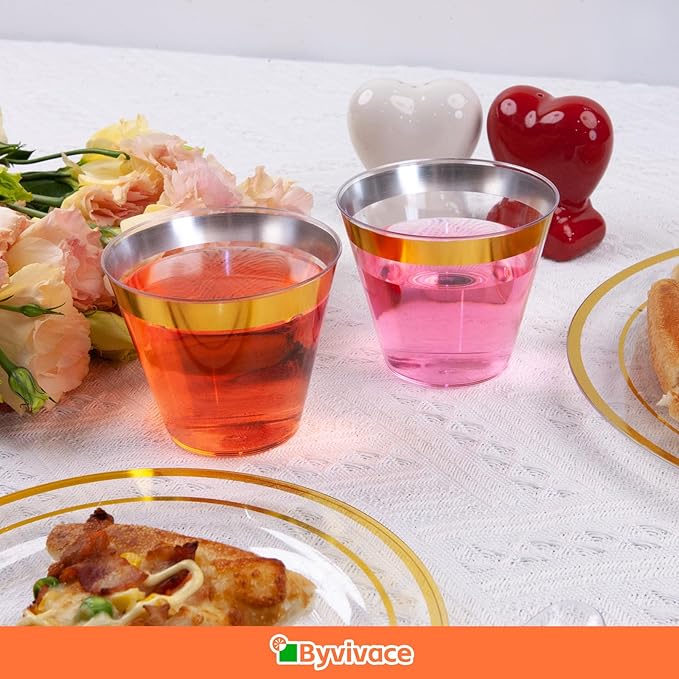 50counts 9 OZ. Disposable Cups Old fashioned Party Tumblers, 9 Ounce Squat Cups Gold Wine Glasses Hard Plastic Cups with Gold Rim