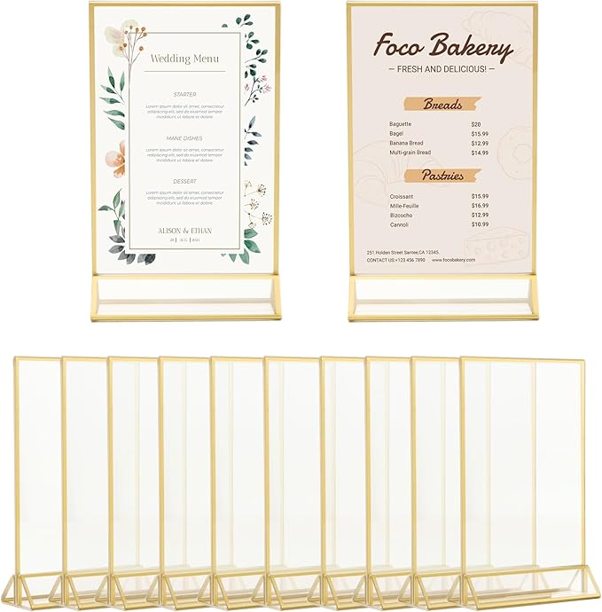 12 Pack Gold Acrylic Sign Holder 4 x 6 inch, Double Sided Gold Picture Frame Stand up Table Top Sign Holders, Wedding Table Number Frames Vertical for Party, Home, Office(4 x 6inch)