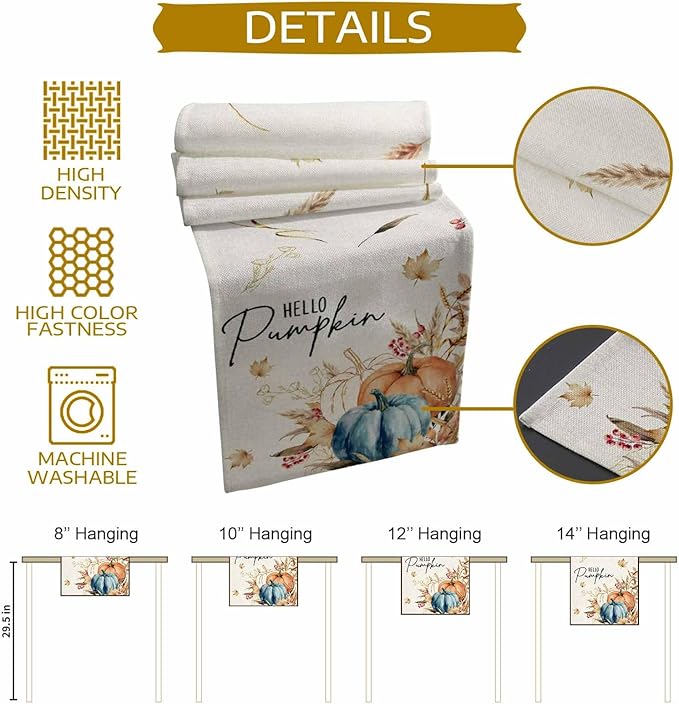 Fall Thanksgiving Cotton Linen Table Runner for Dining Kitchen, Orange Pumpkins Outdoor Party Autumn Tablerunners Decoration Rustic Wheat Leaves Dresser Scarf Coffee Tablecloth Runners 13x108 Inches