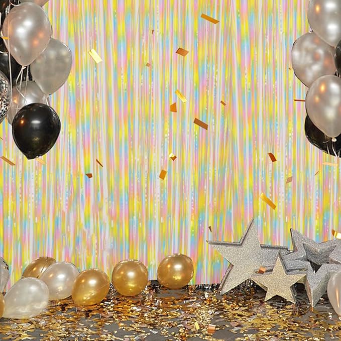 3 Pack Foil Fringe Backdrop - PastelRainbow Shiny Tinsel Curtains for Party Decoration/Photo Booth Props - 3.3x8.2 FT Metallic Foil Backdrop for Birthday, Wedding, Graduation, Christmas.
