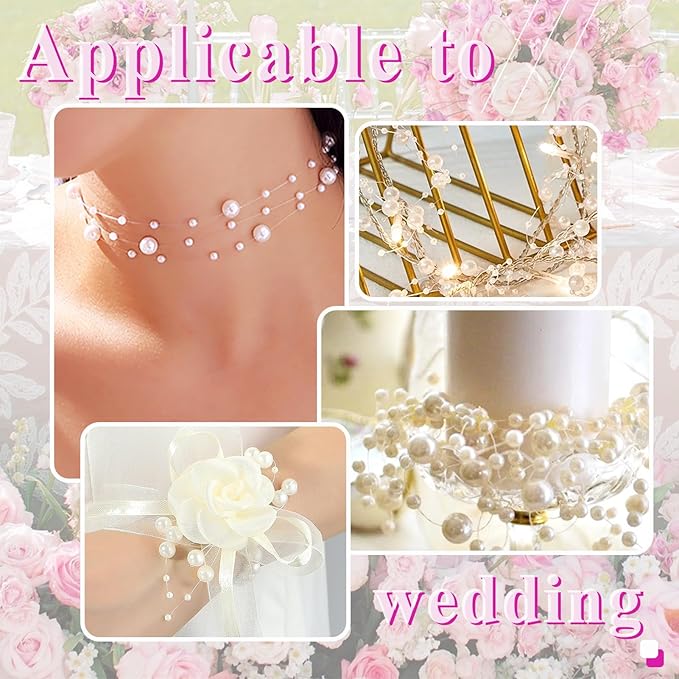 99 Feet Fishing Line Artifical Pearl Strings for Crafting, Faux Pearl Garland Strands for Floating Candle Vases Filler Wedding Centerpiece Bouquet Christmas Tree Party Decoration, Ivory
