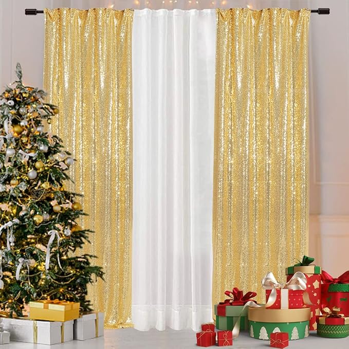 SquarePie Sequin Curtain 2 Panels 2FT x 8FT Gold Backdrop for Wedding Party Christmas