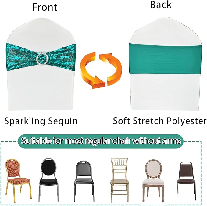 25 Pcs Chair Sashes Sequin Stretch Chair Bands Spandex Polyester Bows for Party Hotel Wedding Banquets Decoration - Teal