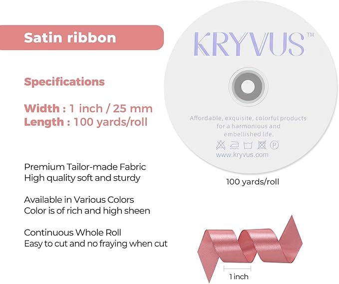 Rose Gold Satin Ribbon 1 inch X Continuous 100 Yards, Single Face Polyester Ribbon Perfect for Gift Wrapping, Flower Bouquet, Wedding Decor, Crafts, Bow Making, Sewing and More