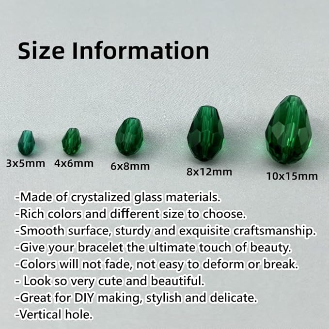 200pcs 3x5mm Teardrop Crystal Glass Beads for Jewelry Making, Faceted Vertical Hole Teardrop Glass Spacer Beads for Wind Chimes Bracelet Earring Necklace DIY Craft(Peacock Green)