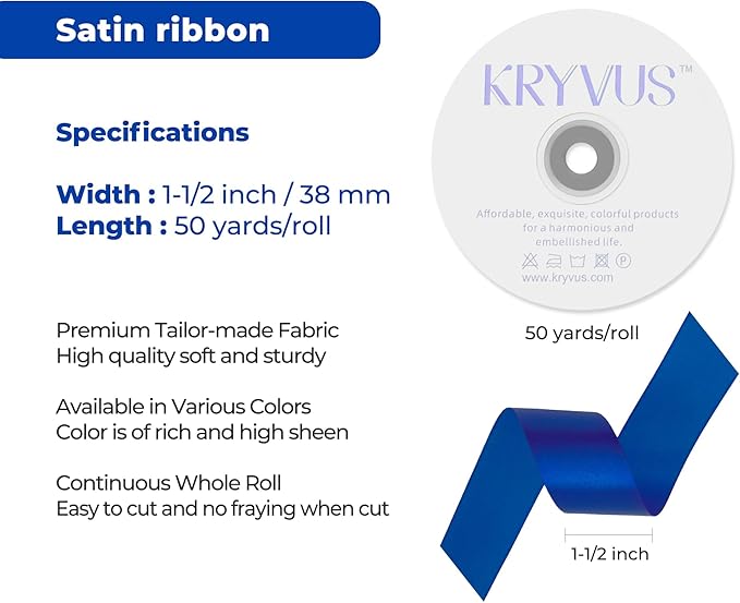 Dark Royal Blue Satin Ribbon 1-1/2 inch X Continuous 50 Yards, Single Face Polyester Ribbon Perfect for Gift Wrapping, Flower Bouquet, Wedding Decor, Crafts, Bow Making, Sewing and More