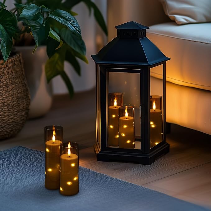 Homemory Flameless Candles with Embedded Star String Fairy Lights, Acrylic Battery Operated Candles with Remote Control and Timer, Flickering LED Candle for Halloween, Grey, Set of 9, D2.2”xH5”6”7”