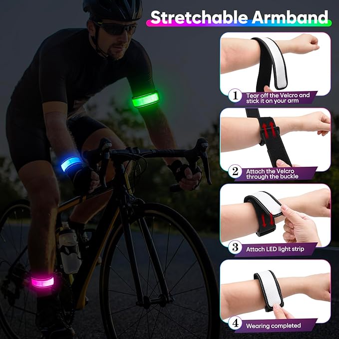 LED Armband for Running Walking Cycling, Multicolor Light Up Armband with Battery Indicator, Rechargeable Running Lights Safety Band for Night Visibility,Adjustable Reflective Gear for Adults & Kids