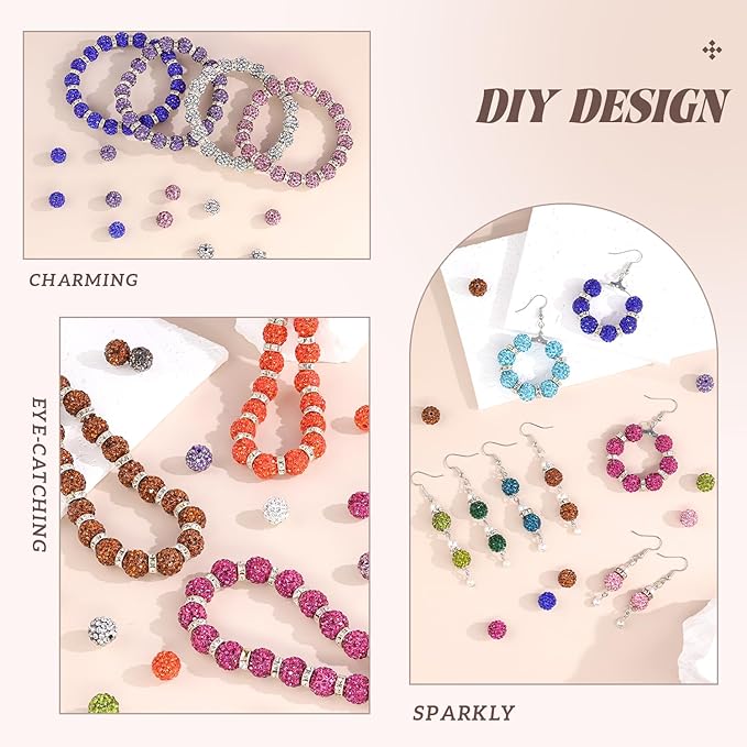 200pcs 10mm Rhinestone Beads for Jewelry Making, Light Peach Shiny Round Disco Ball Beads Bulk, Sparkle Crystal Clay Christmas for Bracelet Baseball Necklace Earring Crafting and DIY