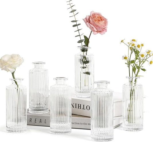 ComSaf Small Vases for Flowers Mini Clear Glass Bud Vases in Bulk, 5.2 inch Tall Mini Flower Vase, Vases for Centerpiece, Ribbed Vase, Wedding Table Ceterpiece, Home Decor, Housewarming Gift (Clear)