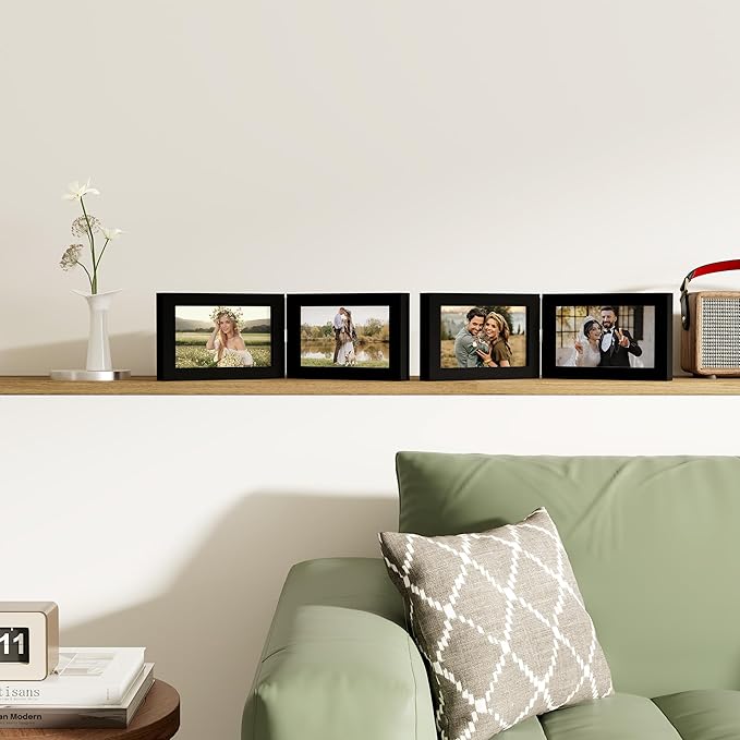 decorUhome Double 6x4 Picture Frame Vertical, Engineered Wood Bifold Photo Frame with Plexiglass for Tabletop Display, 6x4, Black