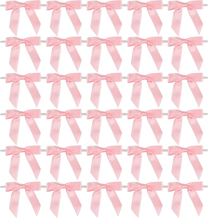 AIMUDI Baby Pink Satin Ribbon Twist Tie Bows 2.5" Light Pink Pretied Bows Premade Craft Bows for Treat Bags Cake Pop Gift Wrapping Basket Wedding Favors Cookie Candy Bagging Baby Shower - 50 Counts