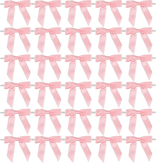 AIMUDI Baby Pink Satin Ribbon Twist Tie Bows 2.5" Light Pink Pretied Bows Premade Craft Bows for Treat Bags Cake Pop Gift Wrapping Basket Wedding Favors Cookie Candy Bagging Baby Shower - 50 Counts