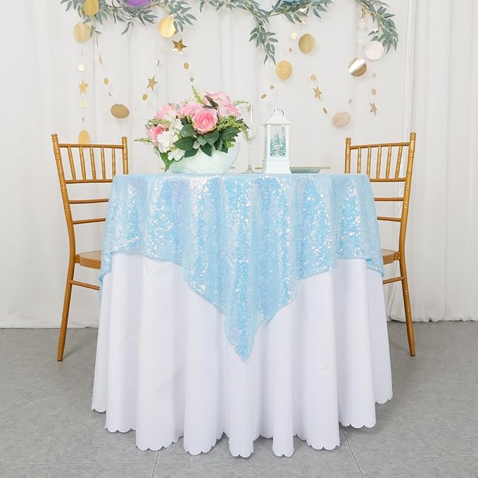 ShinyBeauty Iridescent Aqua Sequin Tablecloth Square Overlay Aqua Blue Tablecloth Cover Glitter Table Cloth Small Tablecloth for Birthday Baby Shower Decor (36”X36”)