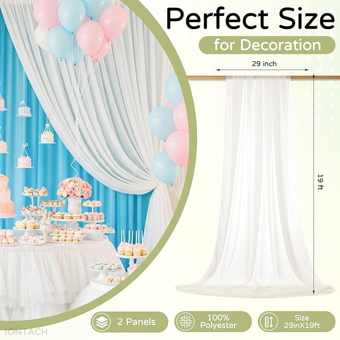 Wedding Arch Draping Fabric 29" x 19Ft Sheer Drapes for Backdrop Wedding Ceremony Reception Ceiling Decor Curtain Baby Bridal Shower Decoration (Ivory, 2 Panels)