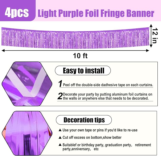 4 Pack 10 Feet Light Purple Foil Fringe Garland Metallic Tinsel Streamers Banner Wall Hanging Curtain Backdrop for Parade Floats, Wedding, Graduate, Mother's Day, Birthday Party Decoration
