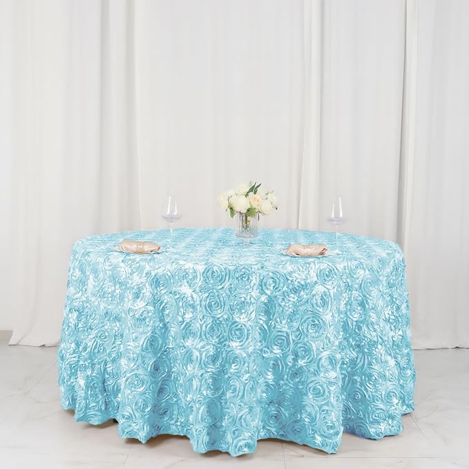 Efavormart 120" Wholesale Round Table Cover Light Blue Grandiose Rosette 3D Satin Tablecloth for Wedding Party Event Decoration