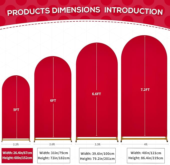 SoarDream Arch Backdrop Cover Red Spandex Fitted 5FT Wedding Arch Covers Balloon Round Top Chiara Arch Backdrop Fabric for Bridal Shower Wedding Birthday Party Stage Decoations