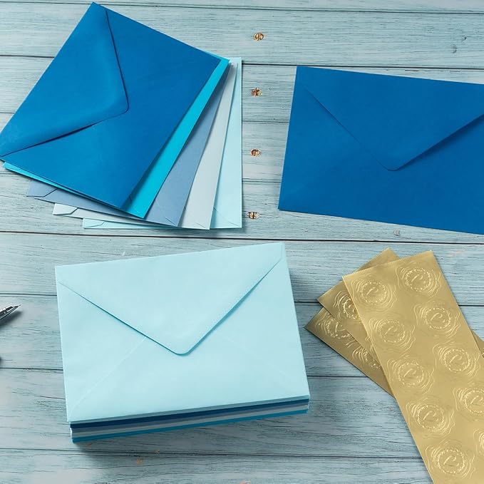 50 Pack Colored A7 Invitation Envelopes 5x7 with Gold Stickers for Cards and Invitations, 5 Colors (Blue, 5 1/4 x 7 1/4 inches)