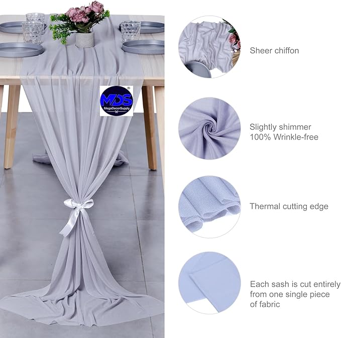 MDS 15 Pack 10ft Chiffon Table Runner 29 x 120 Inches Sheer Wedding Runner Romantic Rustic Table Runner for Wedding Decorations, Birthday Parties, Bridal Shower Party Arch Decor - Cool Gray