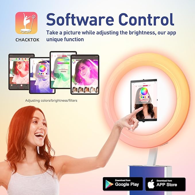 HARZHI Portable Photo Booth Compatible with Ipad, Large Lightbox Ipad Photo Booth for Christmas Wedding Party Provide ChackTok Software APP VIP, Free Custome Logo, Flight Case White