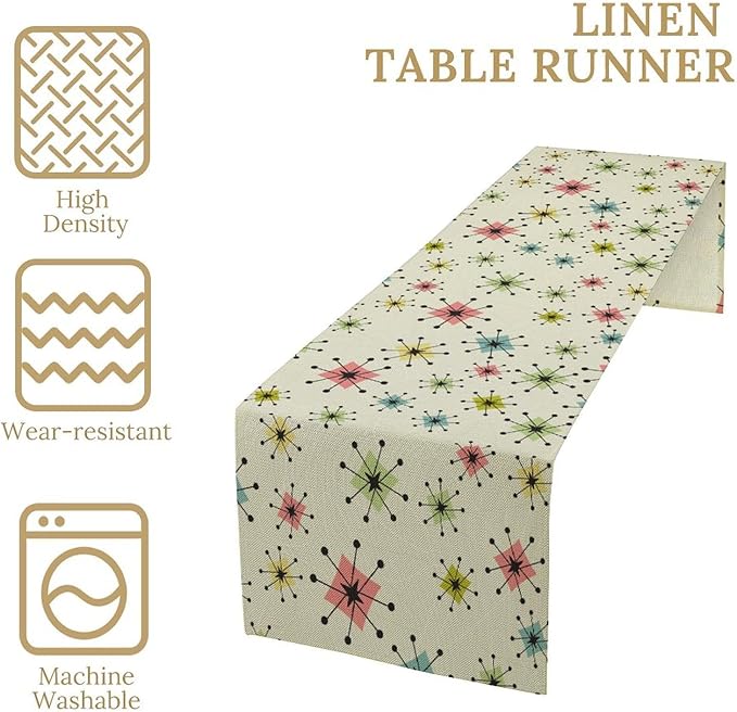 Mid Century Table Runner, Flag Retro Atomic Starburst 1950s Abstract Geometric Space Tabletop Decoration for Home Kitchen Restaurant Table Flag 13x120 Inch