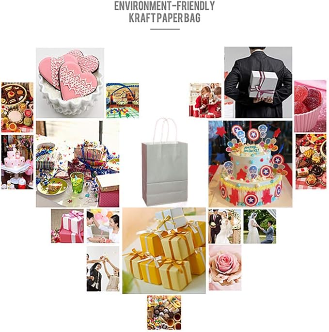 25 PCS Small Gift Bags Flat Gray Kraft Paper Bags with Handles for Party Favor (8.2 x 6 x 3.1 In)