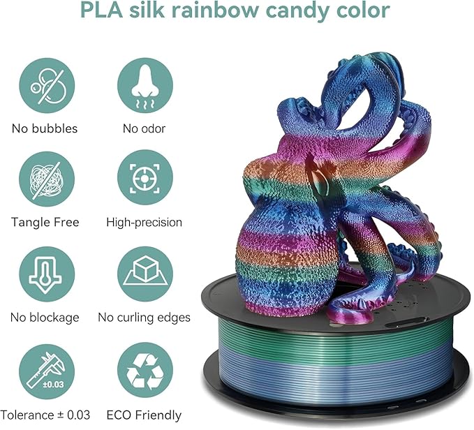 Kingroon Rainbow PLA 3D Printer Filament, 1.75mm, 10kg, Color Changing, ±0.03mm Accuracy