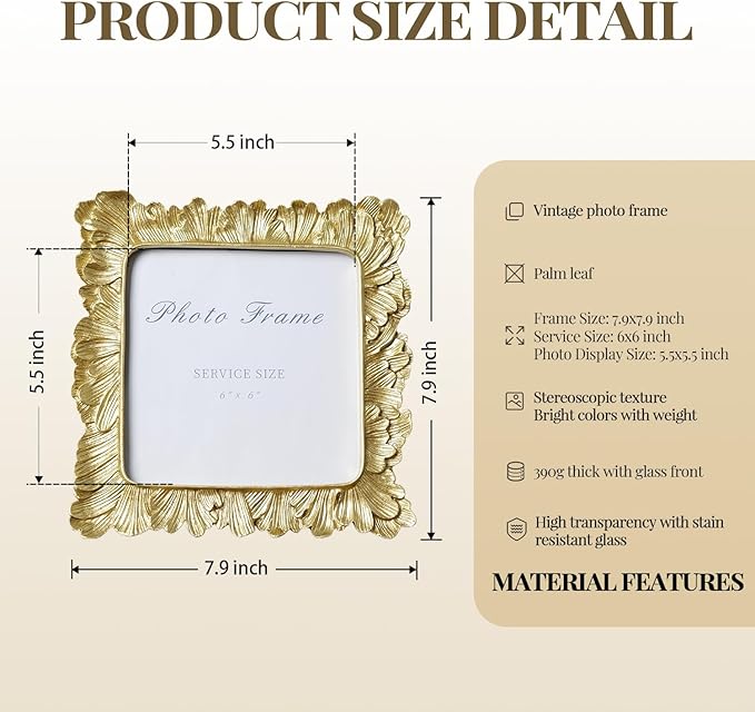 Cuspin 6x6 Gold Picture Frame, Vintage Gold Palm Leaves Textured Hand-Crafted Resin Frames with Glass Front, Retro Square Photo Frame for Wall and Tabletop Display Home Decor