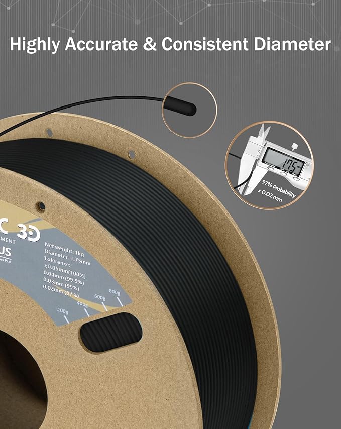 DURAMIC 3D PLA+ Filament 1.75mm 2Kg Black, PLA Plus Filament 2 Pack 1kg Spool(2.2lbs) Tougher and Stronger, Dimensional Accuracy Probability +/- 0.02mm