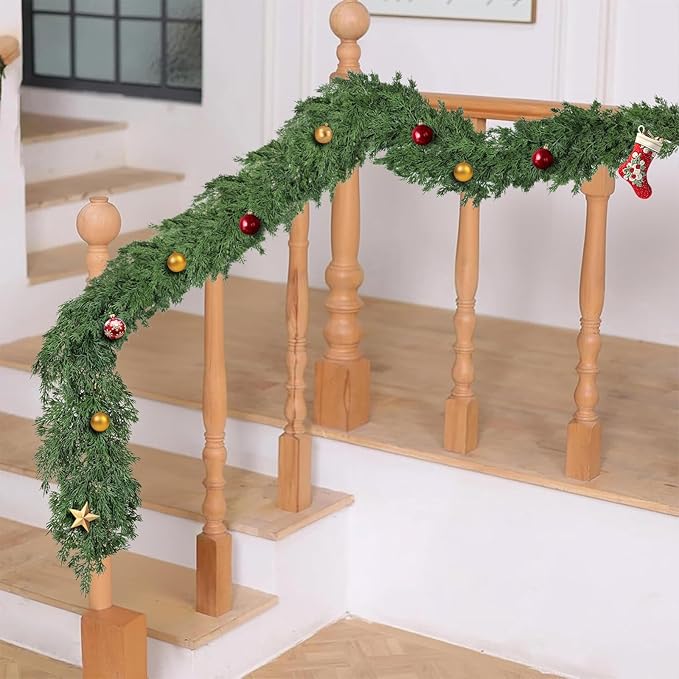 5ft Christmas Cedar Garland, Real Touch Pine Garland, Realistic Cypress Garlands Christmas Decorations for Mantel, Table, Stairs, Porch - Indoor Outdoor Xmas Holiday Decor