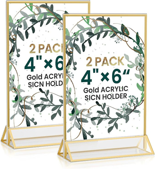 Acrylic Gold Sign Holders 4x6, 2 Pack Wedding Gold Table Number Holders, Double Sided Photo Display Picture Frame Paper Stand, Clear Flyer Stand Menu Holder for Wedding, Home, Party, Restaurant