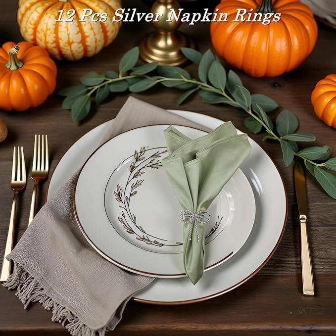Silver Bow Napkin Rings Set of 12, Bow Tie Napkins Rings for Thanksgiving Christmas Festival Parties Wedding Banquet, Handmade Alloy Bowknot Ring Holders for Family Gathering Table Décor(Silver 12)